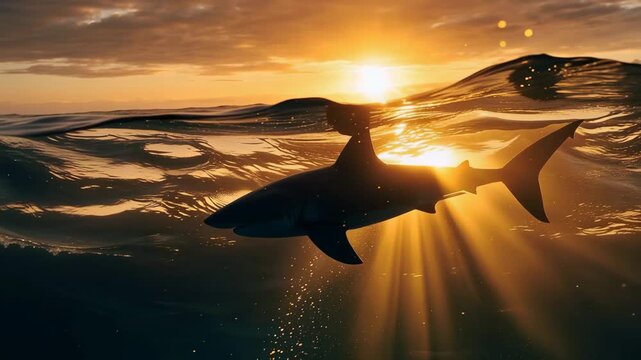 White shark swimming in ocean at golden sunset silhouette 4K Ai HD high quality video.