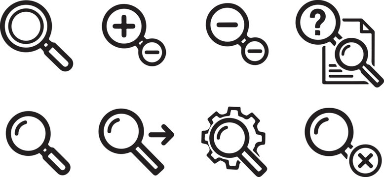 Eight search icon variations with plus minus symbols