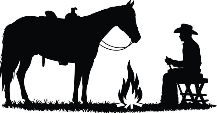 Silhouette of a tired cowboy resting on a stool by a warm campfire next to his saddled horse with campfire silhouette equestrian lifestyle westerner adventure firelight wilderness relaxing