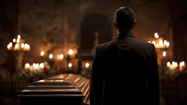 man in the cemetery mourns at the grave animation