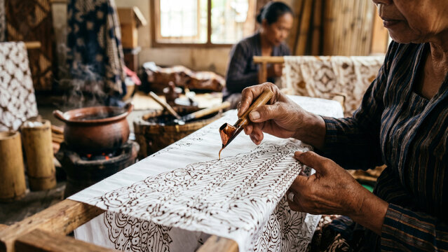 Close-up of an Indonesian artisan using a traditional canting tool to apply hot wax on fabric for batik making in a workshop