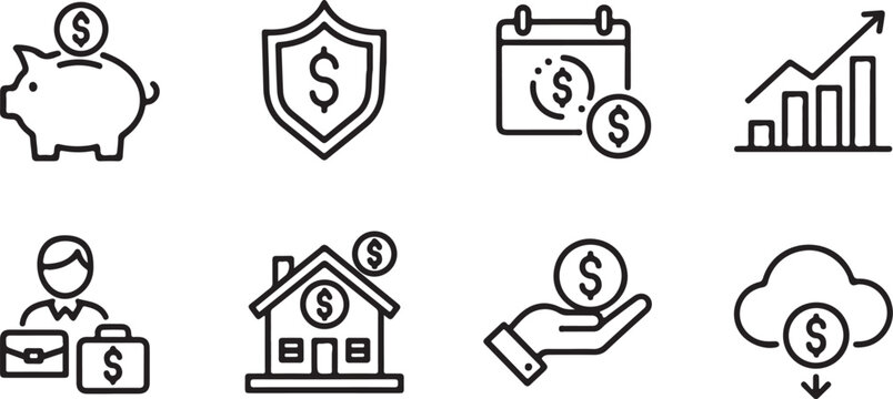 Eight financial icons set with money symbols