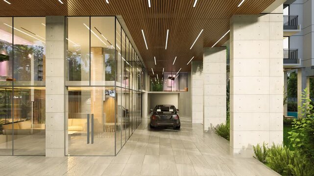 Modern building entrance with car parked