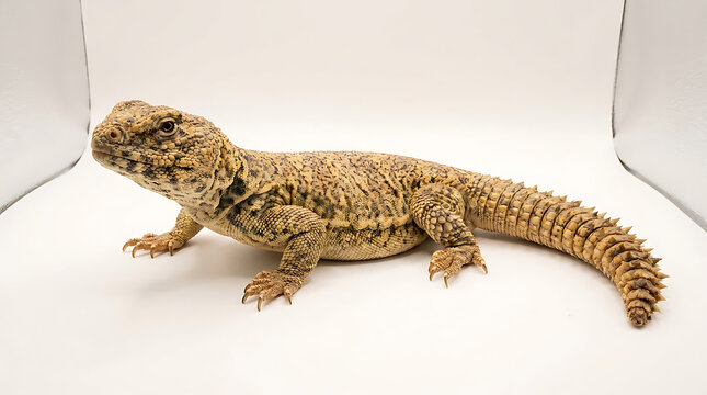 Detailed uromastyx lizard standing on a white surface captured with sharp focus and studio lighting