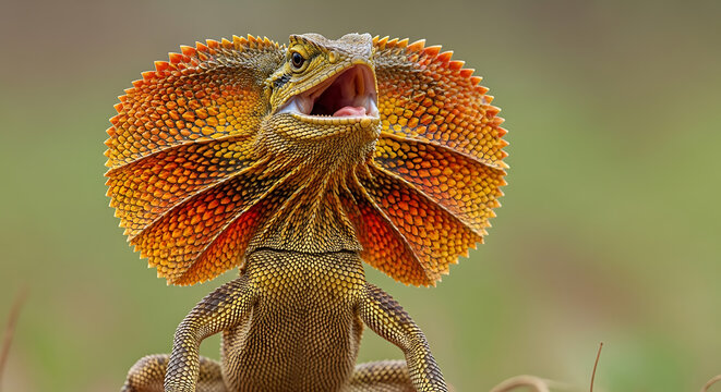 Close up portrait of an Australian frilled lizard displaying its vibrant orange and yellow neck frill