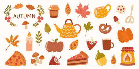 Autumn themed vector illustration featuring leaves pumpkins and seasonal objects © Prodip