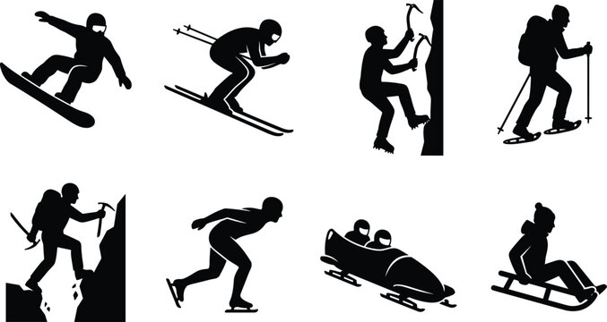 Set of winter sports icons featuring silhouettes of snowboarding skiing ice climbing snowshoeing speed skating and bobsleigh