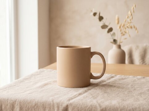 Minimalist beige coffee mug on linen table with dried flowers in soft natural light