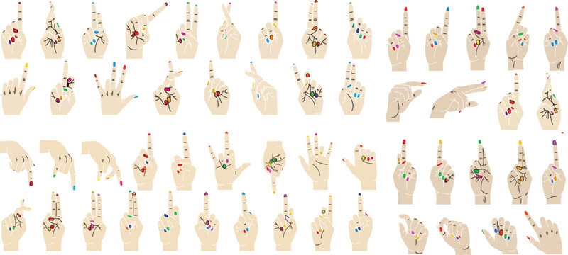 Set of human hand gestures with colorful manicured fingernails gestures manicure colorful language communication expression pointing counting postures elements illustration collection