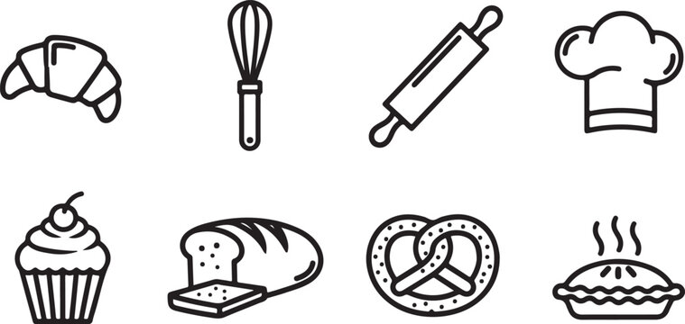 Flat line icons set of baking tools and pastries