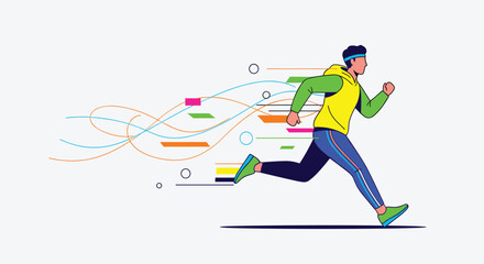 Fototapeta premium Determined male athlete runs at high speed with vibrant motion lines behind him representing energy and fast performance in a race.