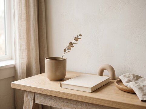 Minimalist Tabletop Still Life with Eucalyptus Branch in Ceramic Pot and Book