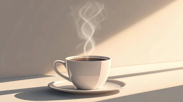 Steaming coffee cup on saucer with gentle morning sunlight casting soft shadows across a minimalist surface