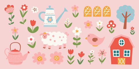 Farm scene illustration with sheep flowers and a red barn © Prodip