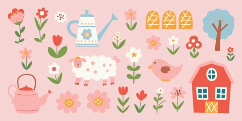 Gardinen Bauernhof Farm scene illustration with sheep flowers and a red barn  © Prodip
