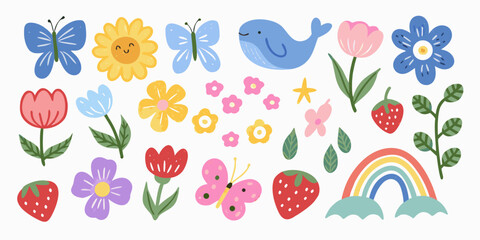 Floral and fauna vector illustration with butterflies flowers and rainbow © Prodip