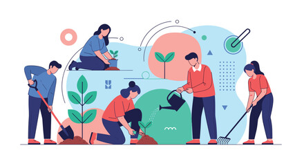 Fototapeta premium Diverse group of people works together in a garden planting new trees and watering sprouts to promote environmental sustainability.