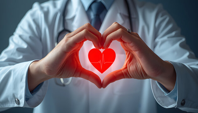 Doctor's Hands Form Heart Shape with Glowing Heart Symbol, Medical Care Concept