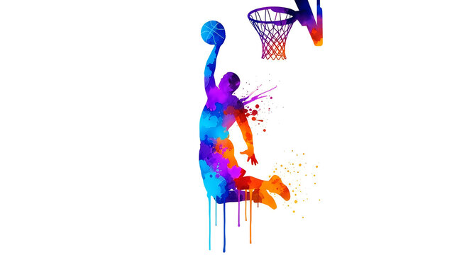 Vibrant watercolor silhouette of a basketball player dunking a ball, with a basketball hoop in the background, against a white backdrop