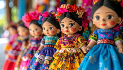Fototapeta premium Colorful Handmade Folk Dolls Displayed in Traditional Dresses on Market Stall