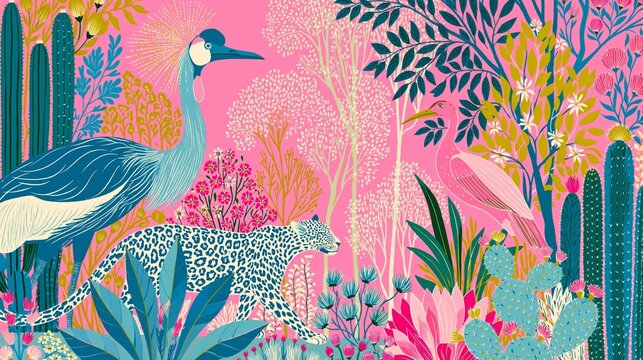 minimal japanese jungle illustration with vibrant birds leopards and flowers