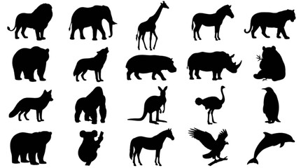 Fototapeta premium Black and white animal silhouette icons set isolated on transparent background, Vector