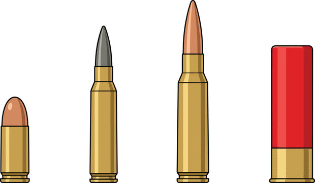 Ammunition Cartridge Collection with Handgun, Rifle, and Shotgun Rounds, Firearm Ammunition Vector Illustrations