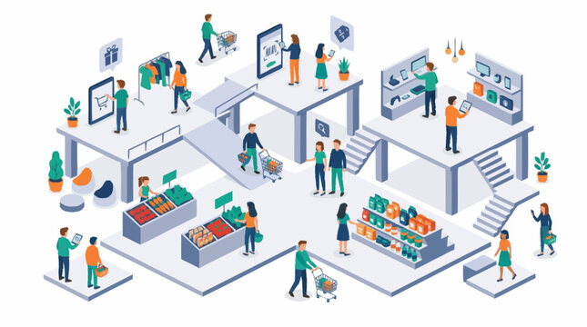 Isometric illustration of people shopping in a modern retail store.