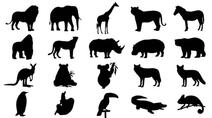 Black and white animal silhouette icons set isolated on transparent background, Vector © Riyadkingline