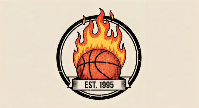 With a stylized, fiery red mustache inside a black circular frame, reading "est. 1995 flame black circle