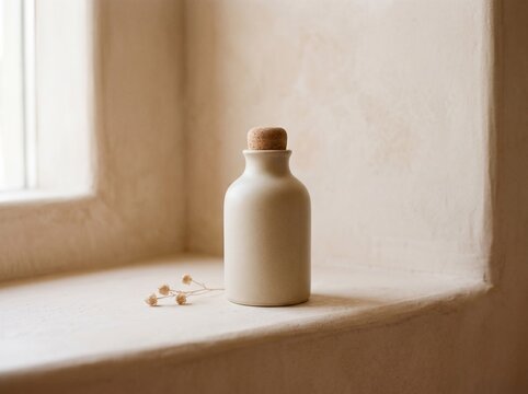 Minimalist white bottle with cork stopper on sunlit windowsill in soft natural light