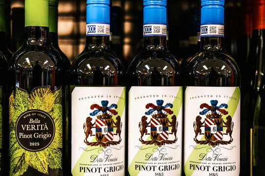 Display of Italian Manufactured Bottles of Pinot Grigio Wine With No People