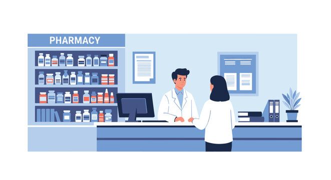 Professional pharmacist in a white lab coat assists a customer at a pharmacy counter stocked with many different medicine bottles.