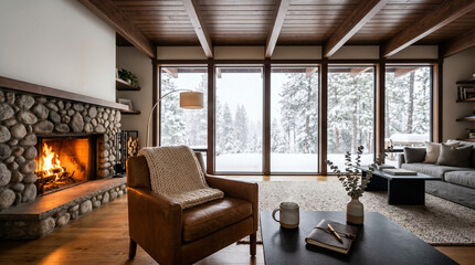 Fototapeta premium Cozy living room with burning stone fireplace and large windows looking at snowy winter forest
