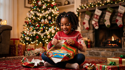 Obraz premium Excited little girl opening christmas present in cozy living room with decorated tree