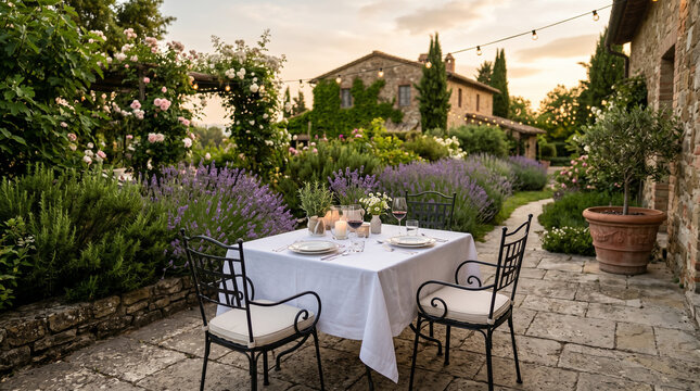 Romantic outdoor dinner table setting in Tuscan garden with lavender and string lights at sunset