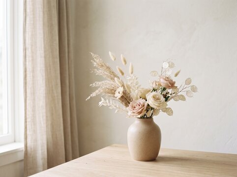 Minimalist floral bouquet in neutral vase on wooden table by window with soft natural light
