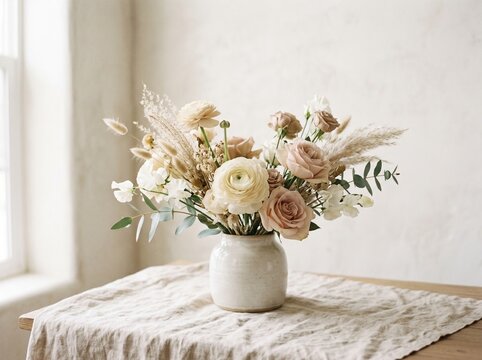 Elegant white floral bouquet in minimalist vase on lace tablecloth with soft natural lighting