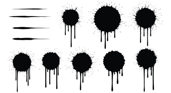 Collection of messy black ink splats and liquid drips with brush stroke lines isolated on a clean white background.