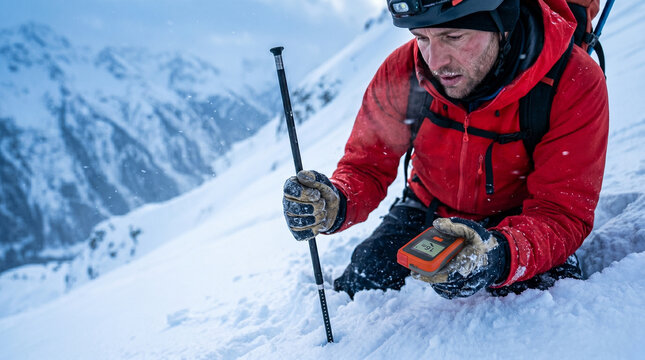 Mountain rescuer checking avalanche beacon in snowy alpine terrain