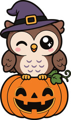Fototapeta premium Cute Halloween Owl Wearing Witch Hat on Pumpkin Kawaii Cartoon Vector Illustration
