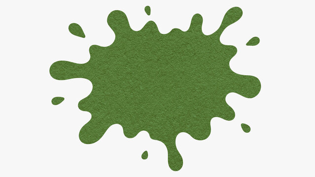 Green splash with copy space from textured paper isolated on white background. Abstract cutout stain and splat blot for design