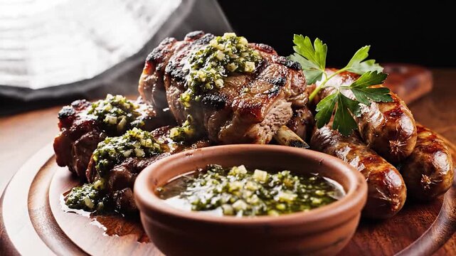Grilled ribeye steak and sausages with green chimichurri sauce on wooden board