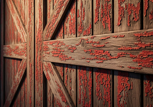 Close-up view of a weathered wooden barn door with peeling red paint and rustic texture, showing structural crossbeams and aged wood grain.