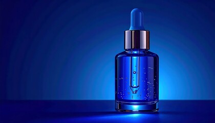 Naklejka premium Blue Glass Dropper Bottle Standing on Reflective Surface in Glowing Studio Background