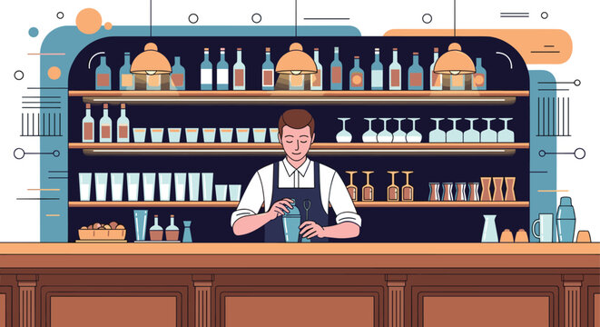 Professional male bartender mixing a cocktail at a stylish dark bar counter with shelves full of diverse bottles.