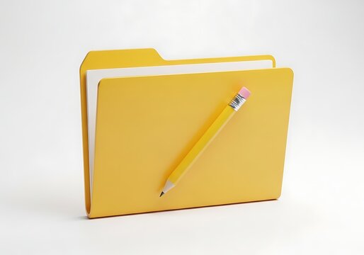 Yellow file folder with pencil on white background