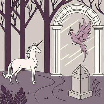 Mythical unicorn standing in a forest near an ancient stone archway with a phoenix flying through it mythical creature mythology mystical illustration enchantment folklore imaginary legendary