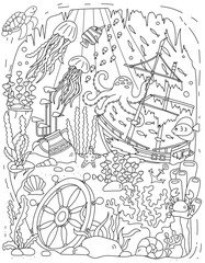 Obraz premium Coloring Page For Kids And Adults Featuring A Sunken Ship And Sea Floor