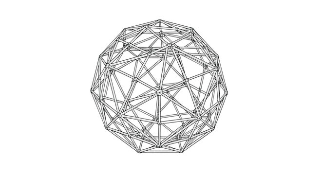 Complex black and white geometric wireframe sphere structure made of connected nodes and lines for abstract technical design.